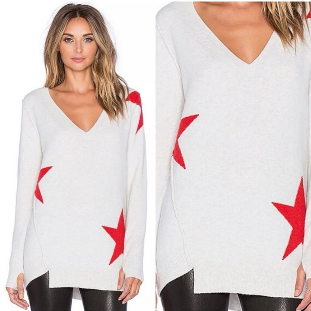Pam & Gela White V Neck Sweater with Red Stars, Size Small, Wool and Alpaca